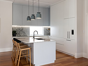 THUMB Neo Design custom kitchen renovation designer Auckland stone benchtop groove fronts